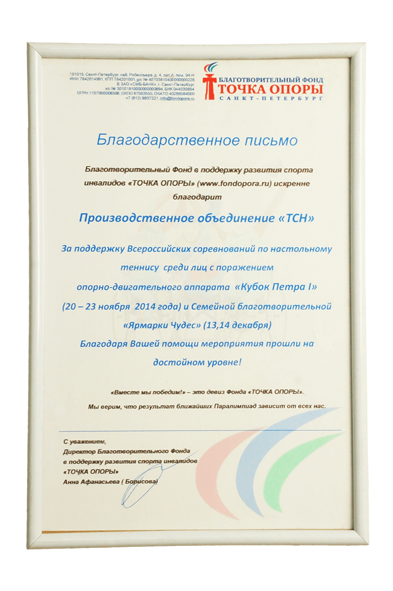 Благодарственное письмо от Благотворительного Фонда Точка опоры за поддержку Всероссийских соревнований