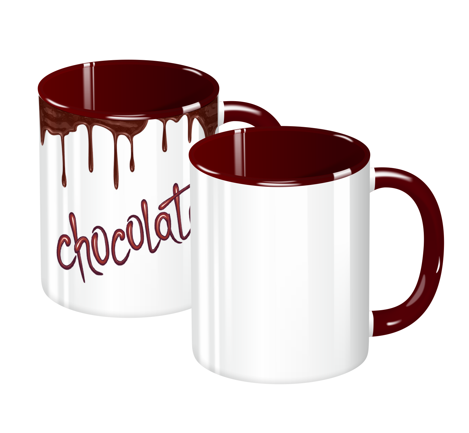 Ряд кружек из 11 шт. с цветной ручкой и внутренностью, с напечатанными принтами.