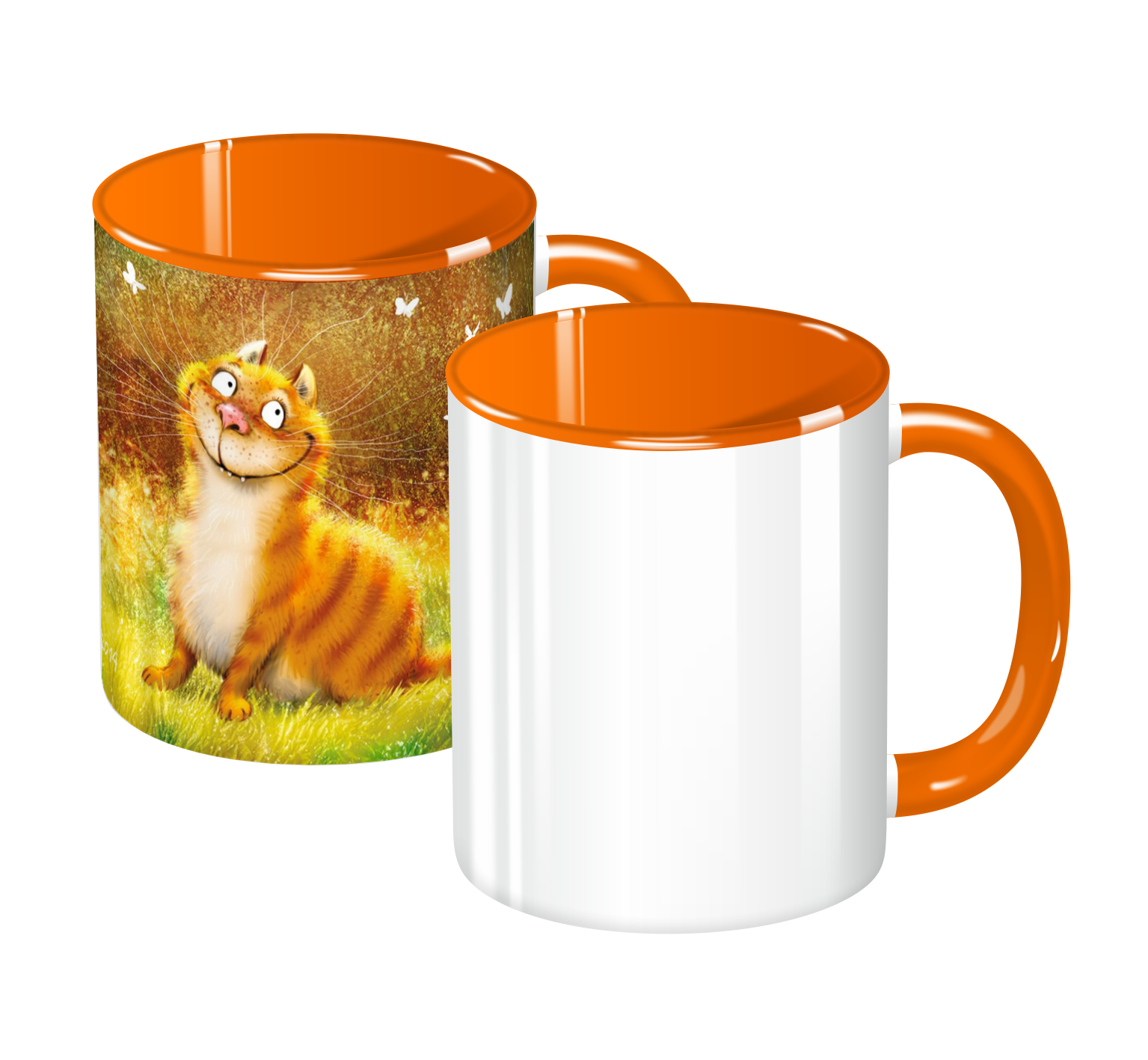 Ряд кружек из 11 шт. с цветной ручкой и внутренностью, с напечатанными принтами.