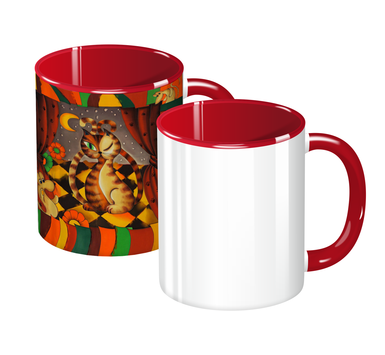 Ряд кружек из 11 шт. с цветной ручкой и внутренностью, с напечатанными принтами.