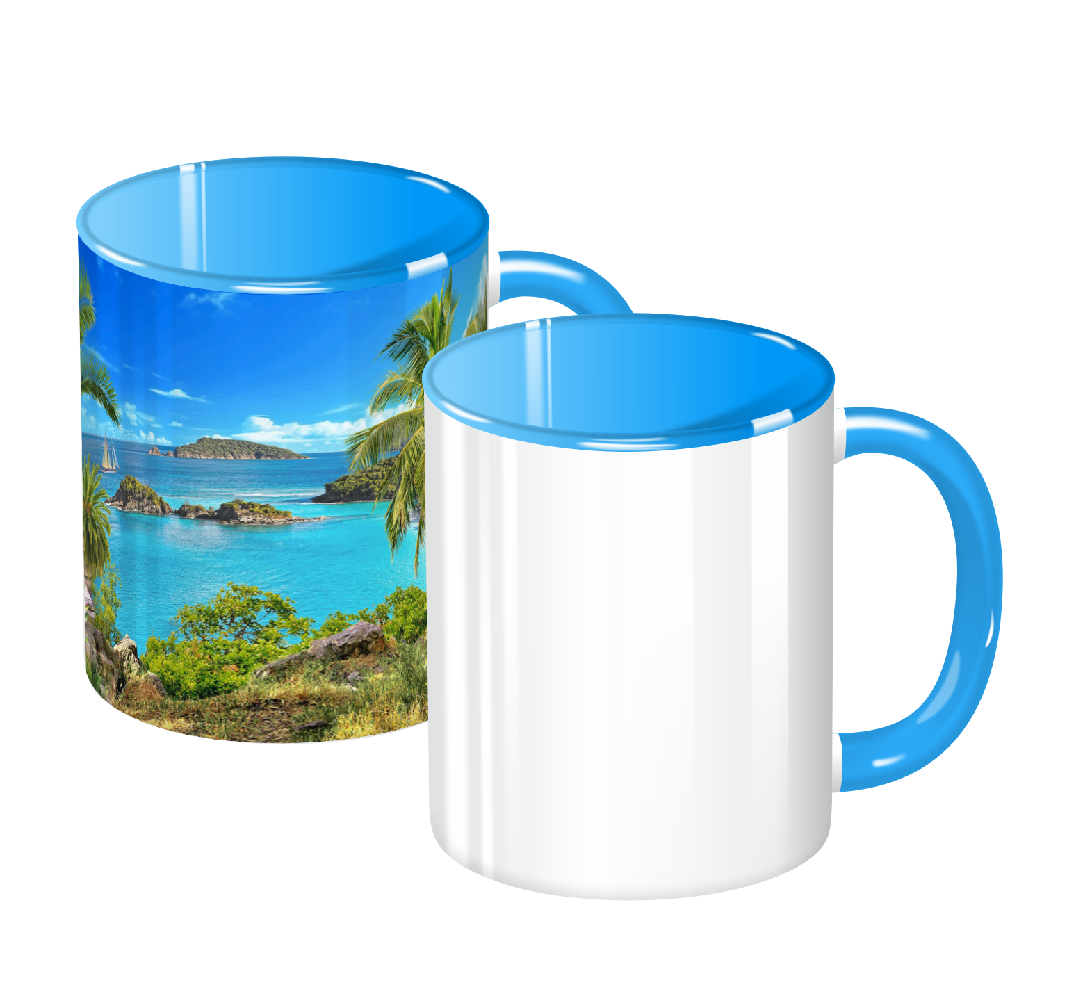 Ряд кружек из 11 шт. с цветной ручкой и внутренностью, с напечатанными принтами.