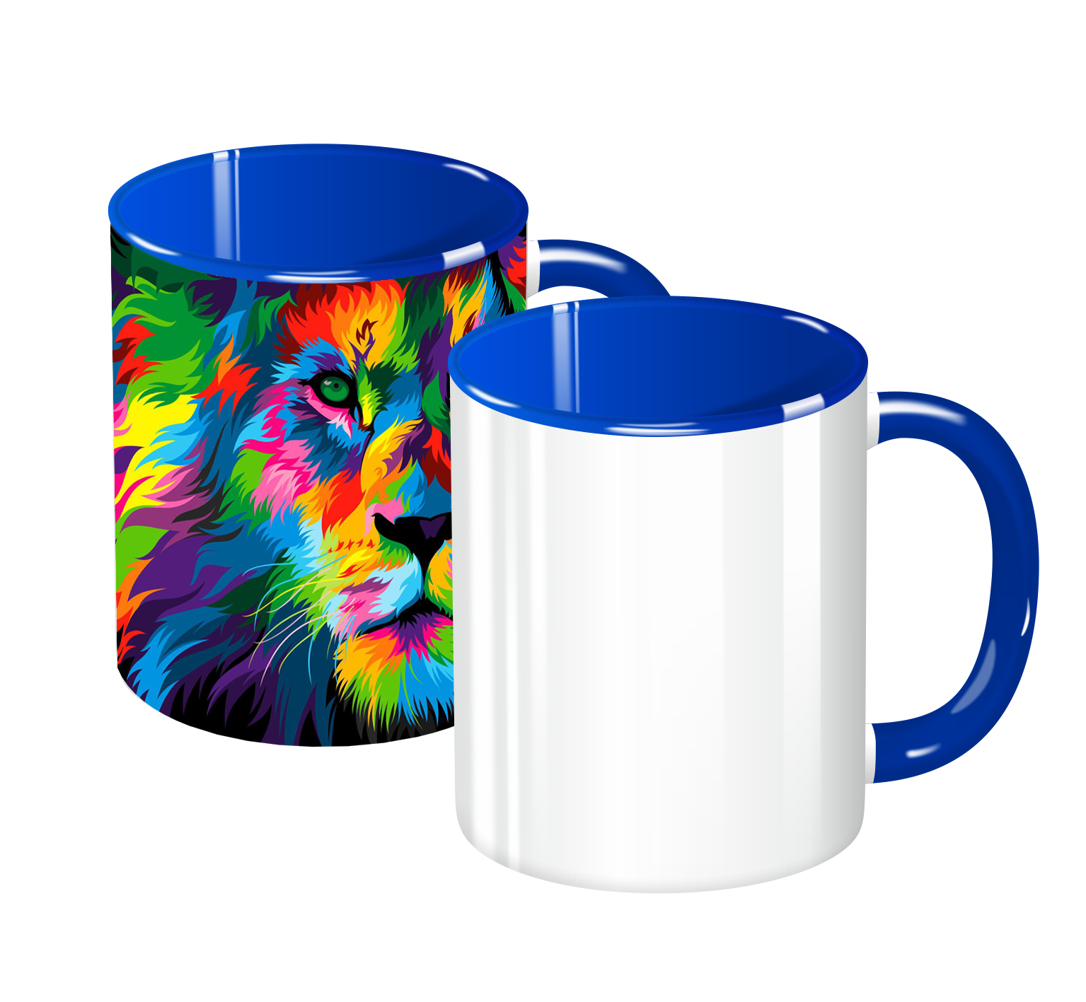 Ряд кружек из 11 шт. с цветной ручкой и внутренностью, с напечатанными принтами.