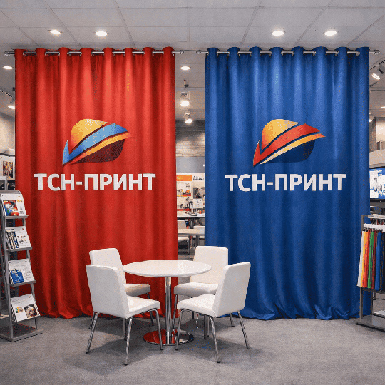 Синяя и красная шторы с фирменными логотипами в интерьере холла