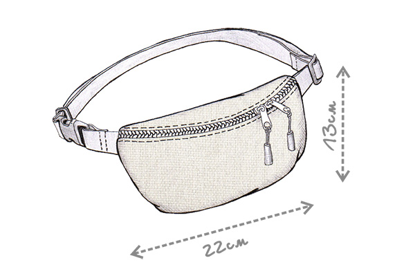 Рисунок покроя поясной сумки овальной формы с молнией и двумя пулерами на ремне с пряжкой