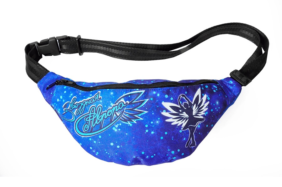 Синяя поясная сумка со сложным узорчатым, белым рисунком