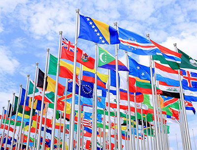 Много ярких, красивых флагов на флагштоках