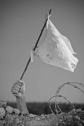Рука с белым флагом над окопом