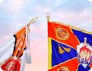 Красивые, яркие знамена с золотой бахромой и кистями, на флагштоках с гербом
России.