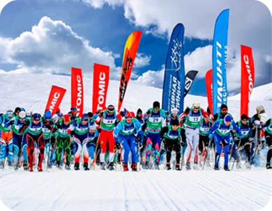 Красочные рекламные флаги Виндеры, с логотипами спонсоров, на массовом старте
лыжников.