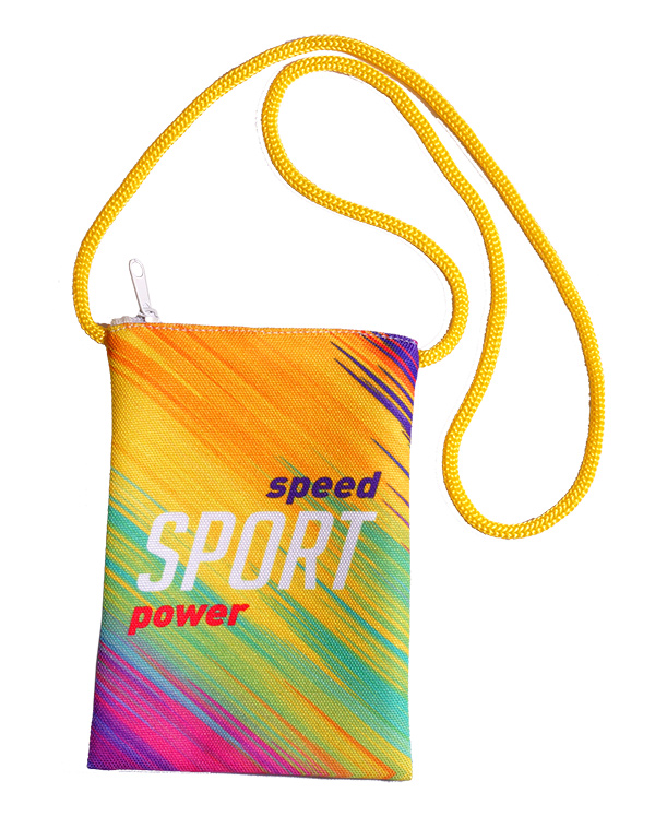 Сумочка на шею на желтом шнуре с логотипом на желто-сиреневом фоне