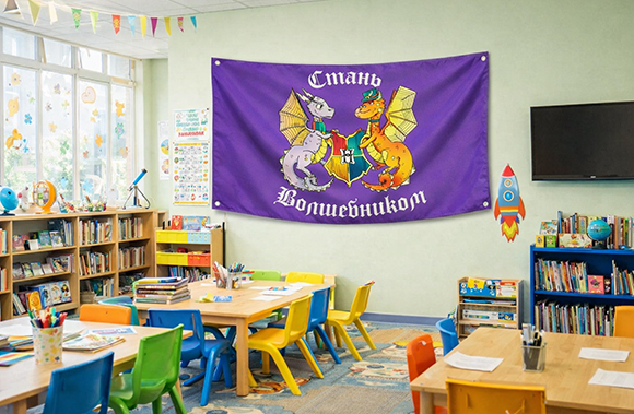 Фиолетовая растяжка со сказочными драконами на стене детского сада