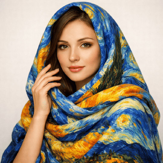 Флисовый палантин с желто-синим принтом картины Ван Гога на голове и плечах модели