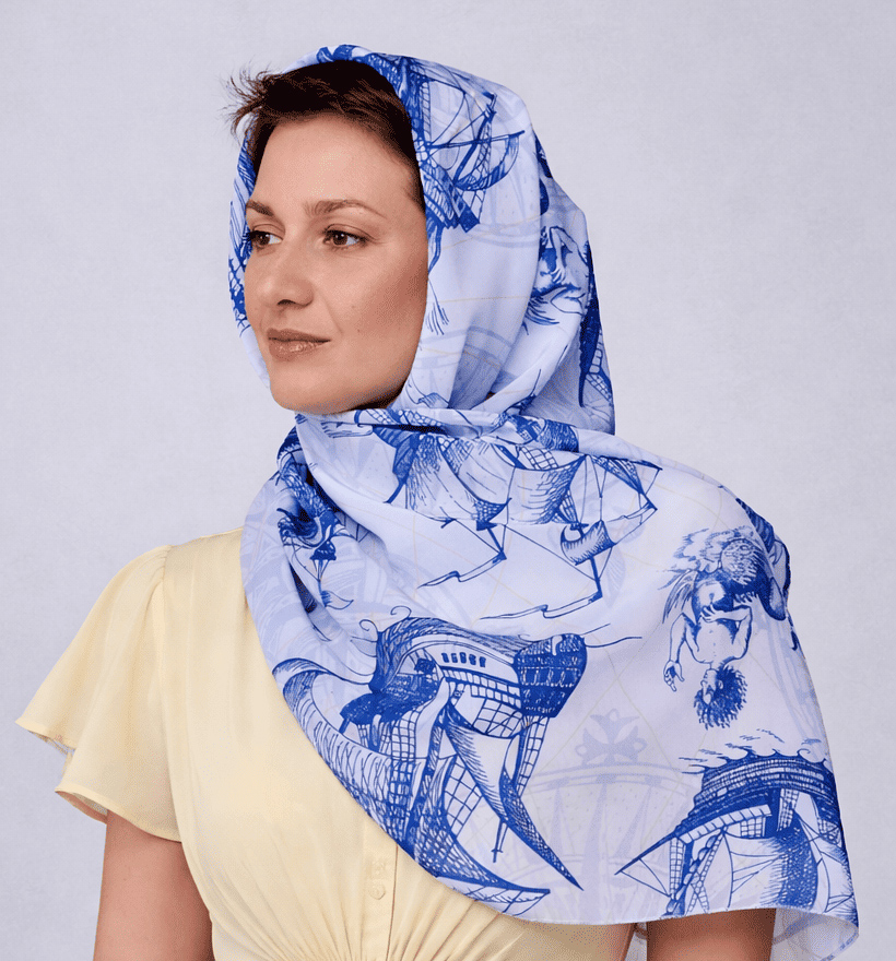 Шаль из мокрого шелка с рисунками старинных, голубых, парусных кораблей