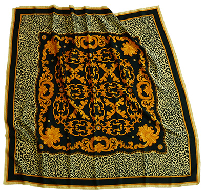 Шаль из Армани со сложным черным и оранжевым узором с черным и бежевым обрамлением