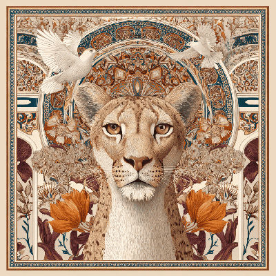 Шаль с рисунком львицы и двумя голубями, со сложным растительным орнаментом в бежевых и коричневых тонах