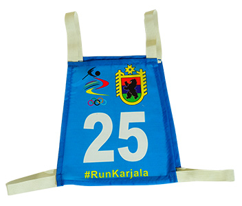 Синий стартовый номер 25, на завязках с нанесением логотипов