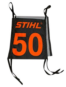 Черный номер на завязках из габардина, с оранжевой цифрой 50