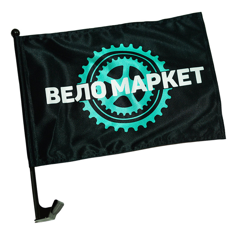 Черный флаг с бело-голубым логотипом на черном авто флагштоке