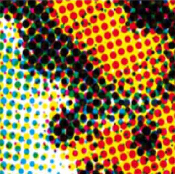 Фото в виде цветных желто-сине-черно-красных
точек.