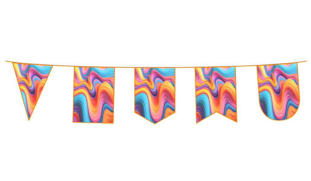 Яркие тканевые флажки гирлянды, различной формы: треугольной, прямоугольной, фигурной