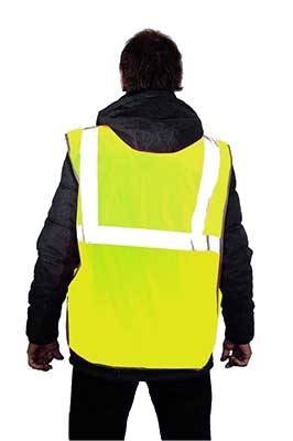 Строитель в лимонно-желтом жилете, с регулируемыми застежками по бокам, вид сзади
