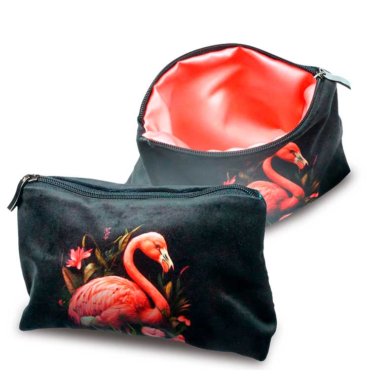 Косметичка из черного бархата с розовой птицей Фламинго.