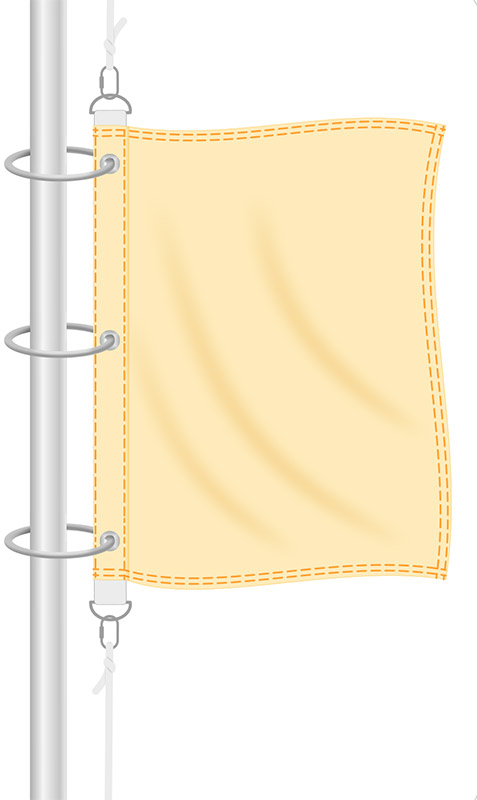 Схема флага с хомутами, охватывающими флагшток, и полукольцами с карабином на левой стороне