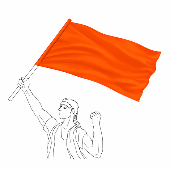 Оранжевый флаг на древке в руке болельщика