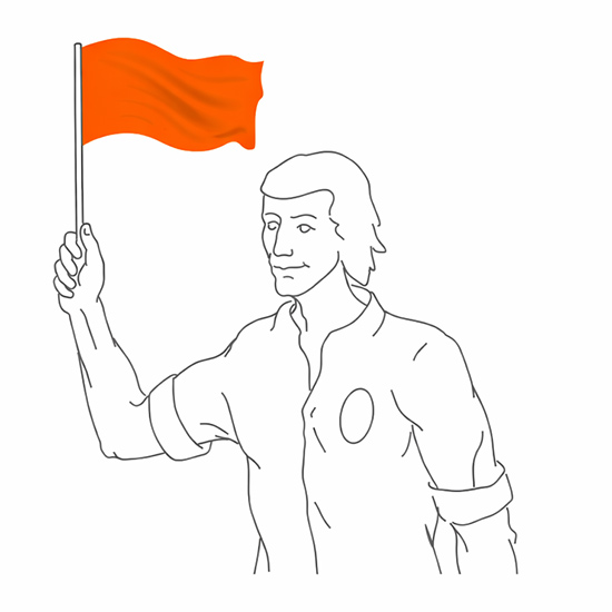 Маленький оранжевый флажок на палочке в руке человека