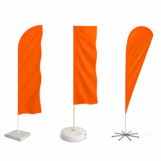 Три вертикальных оранжевых флага: с закругленным верхом, с баннерным плечом и каплевидной формы
