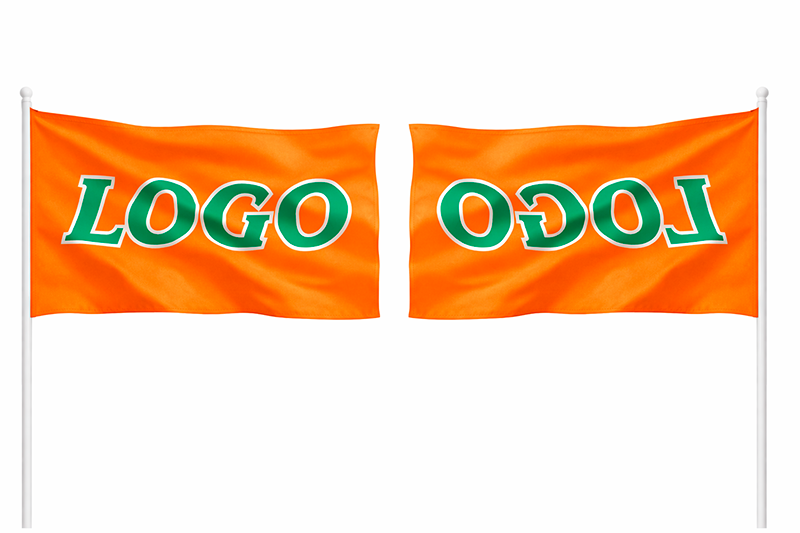 2 стороны оранжевого флага: на лицевой стороне логотип читается правильно, на другой в обратную сторону