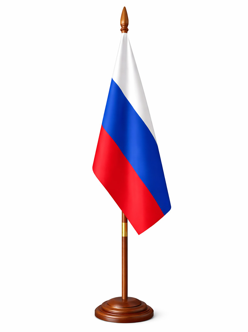 Бело-сине-красный флаг России на одинарной напольной подставке из темного бука