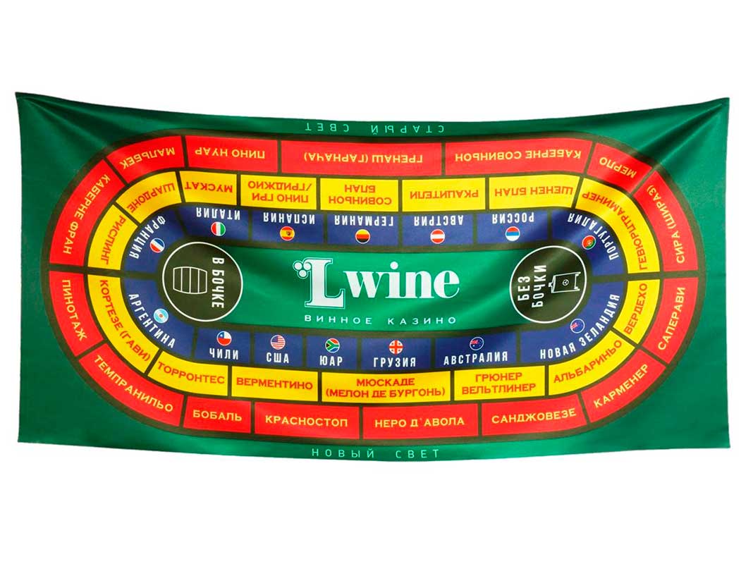 Многоцветный текстильный баннер 100х300 см для казино с названиями сортов вин, из ткани сатен