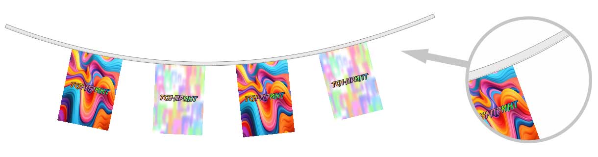 Вид крепления флажков к ленте способом пришивания