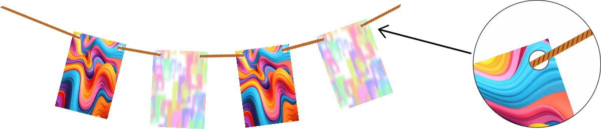 Вид крепления флажков к ленте способом нанизывания на шнур.