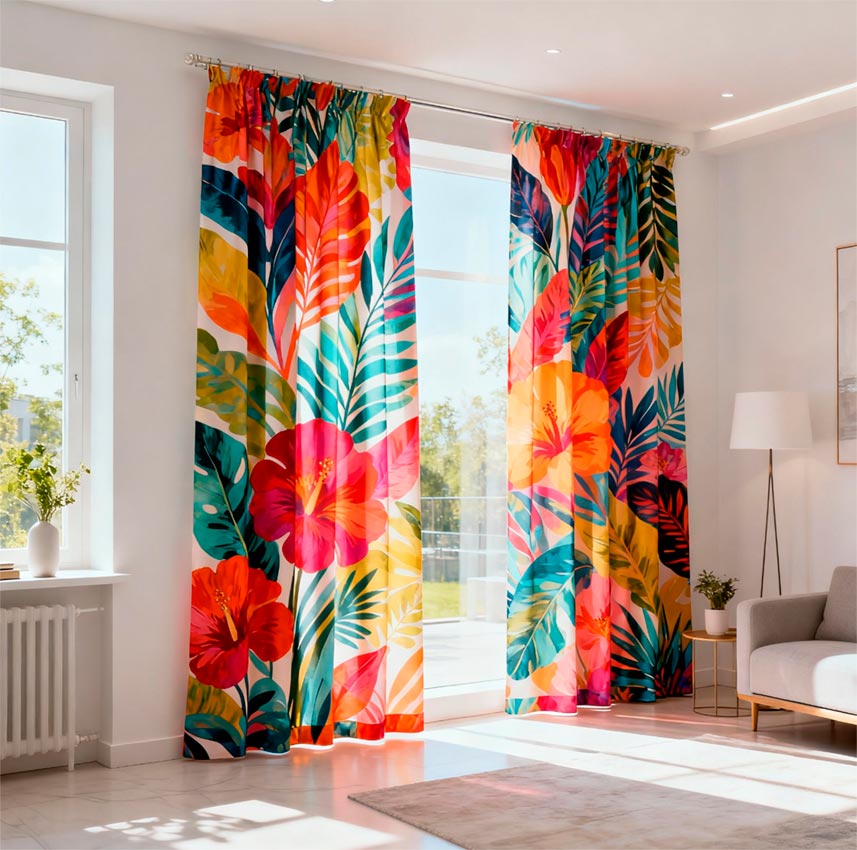 Штора с ярким оригинальным принтом цветов в интерьере.