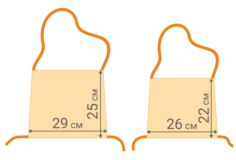 Схематичный крой взрослого и детского нагрудного номера на завязках, с размерами в см