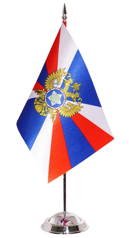 Настольный бело-сине-красный флаг с гербом РФ, на пластиковой подставке под серебро