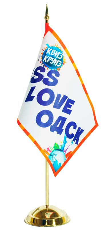 Настольный флажок, с ярким многоцветным логотипом, на пластиковой подставке под золото