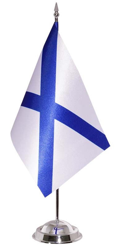 Настольный белый флаг с синим крестом, на пластиковой подставке под серебро